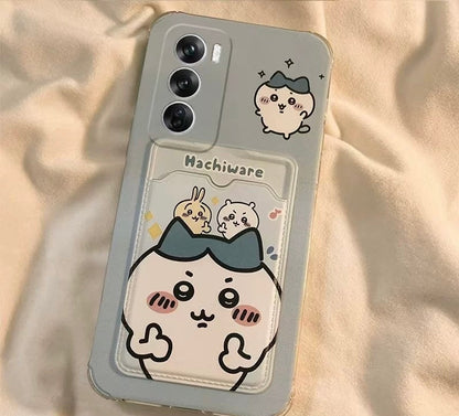 Japanese Cartoon Chiikawa | ChiiKawa Hachiware Usagi Happy Good with Card Holder & Handle Strap - Phone Case Samsung Galaxy S25 S24 S23 S22 S21 FE Ultra Edge