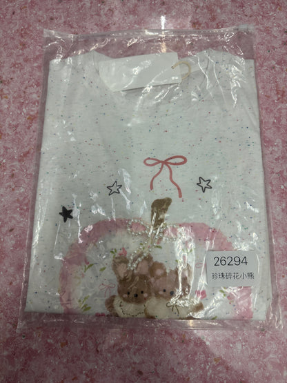 Korean Fashion Cute Animals Style T-Shirt Series | Pearl Ribbon Apple with Teddy Bear & Rabbit - Kawaii Fashion Items