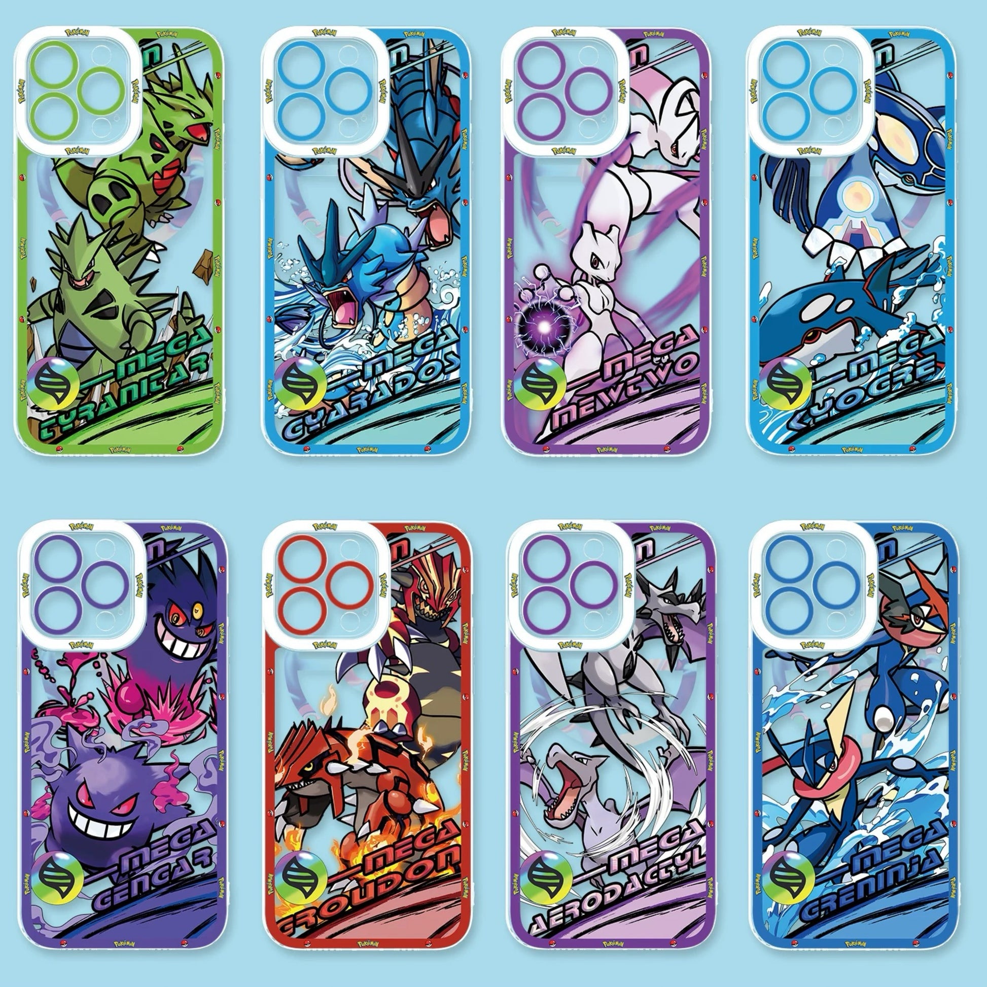 Japan Cartoon Pokemon Mega Evolution Anime | Tyranitar Gyarados Mewtwo Kyogre Gengar Groudon Aerodactyl Ash Greninja - iPhone Case PLUS SE2 XS XR X 11 12 13 14 15 16 16e 17 17e Pro Promax 12mini 13mini