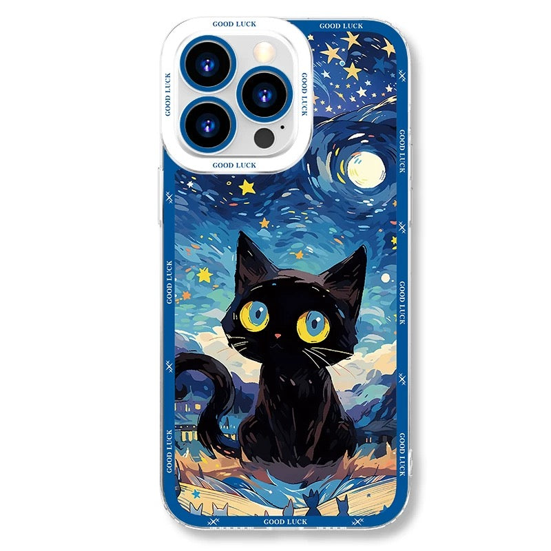 Black Cat with Starry Sky Oil Drawing Style | 8 Styles - iPhone Case PLUS SE2 XS XR X 11 12 13 14 15 16 16e 17 17e Pro Promax 12mini 13mini
