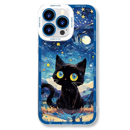 Black Cat with Starry Sky Oil Drawing Style | 8 Styles - iPhone Case PLUS SE2 XS XR X 11 12 13 14 15 16 16e 17 17e Pro Promax 12mini 13mini