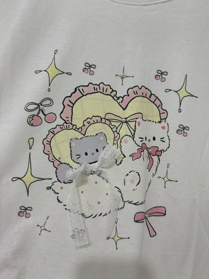 Korean Fashion Cute Animal Style Shirt Series | White & Grey Cats with Heart Cushion - Kawaii Fashion Items