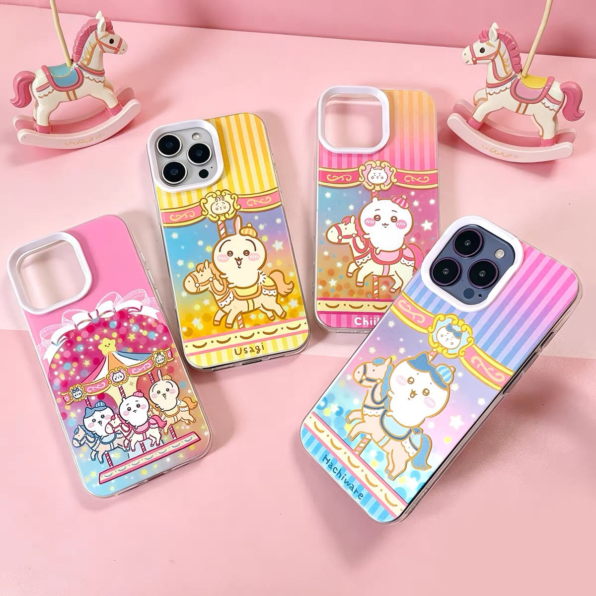 Japanese Cartoon ChiiKawa Go Round Laser Case | Merry Go Round with Chiikawa Hachiware Usagi - Phone Case Samsung Galaxy S26 S25 S24 S23 S22 S21 FE Ultra Edge- iPhone Case Plus SE2 11 12 13 14 15 16 16e 17 17e Pro Promax 12mini 13mini