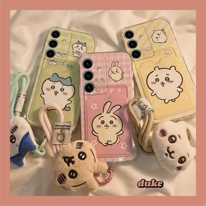 Japanese Cartoon Chiikawa | ChiiKawa Hachiware Usagi with Card Holder & Handle Strap  - Phone Case Samsung Galaxy S25 S24 S23 S22 S21 FE Ultra Edge
