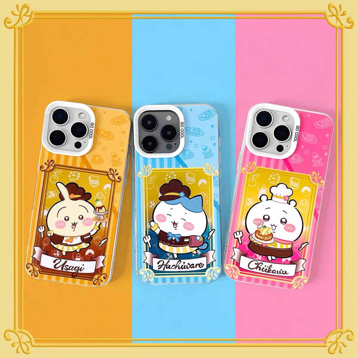 Japanese Cartoon ChiiKawa Cafe Cake Chef Laser Case | Chiikawa Hachiware Usagi Momonga Kurimanju Rakko 6 Styles - Phone Case Samsung Galaxy S26 S25 S24 S23 S22 S21 FE Ultra Edge