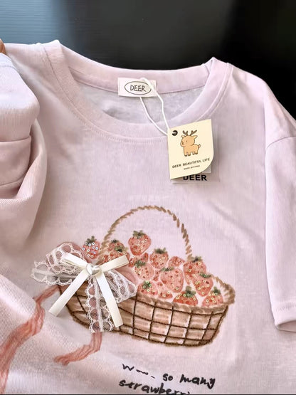 Korean Fashion Cute Fruits Style T-Shirt Series | Bling Strawberry Basket - Kawaii Fashion Items