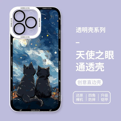 Black Cat with Starry Sky Oil Drawing Style | 8 Styles - iPhone Case PLUS SE2 XS XR X 11 12 13 14 15 16 16e 17 17e Pro Promax 12mini 13mini