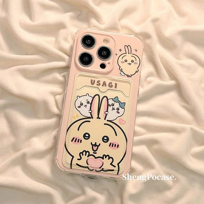 Japanese Cartoon Chiikawa | ChiiKawa Hachiware Usagi Happy Good with Card Holder & Handle Strap - iPhone Case 11 12 13 14 15 16 17 Pro Promax