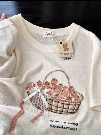 Korean Fashion Cute Fruits Style T-Shirt Series | Bling Strawberry Basket - Kawaii Fashion Items