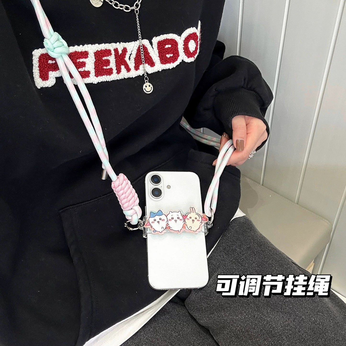 Japanese Cartoon Phone Back Clip with Phone Lanyard | Chiikawa Pink & Mint Green - for All Smart Phones