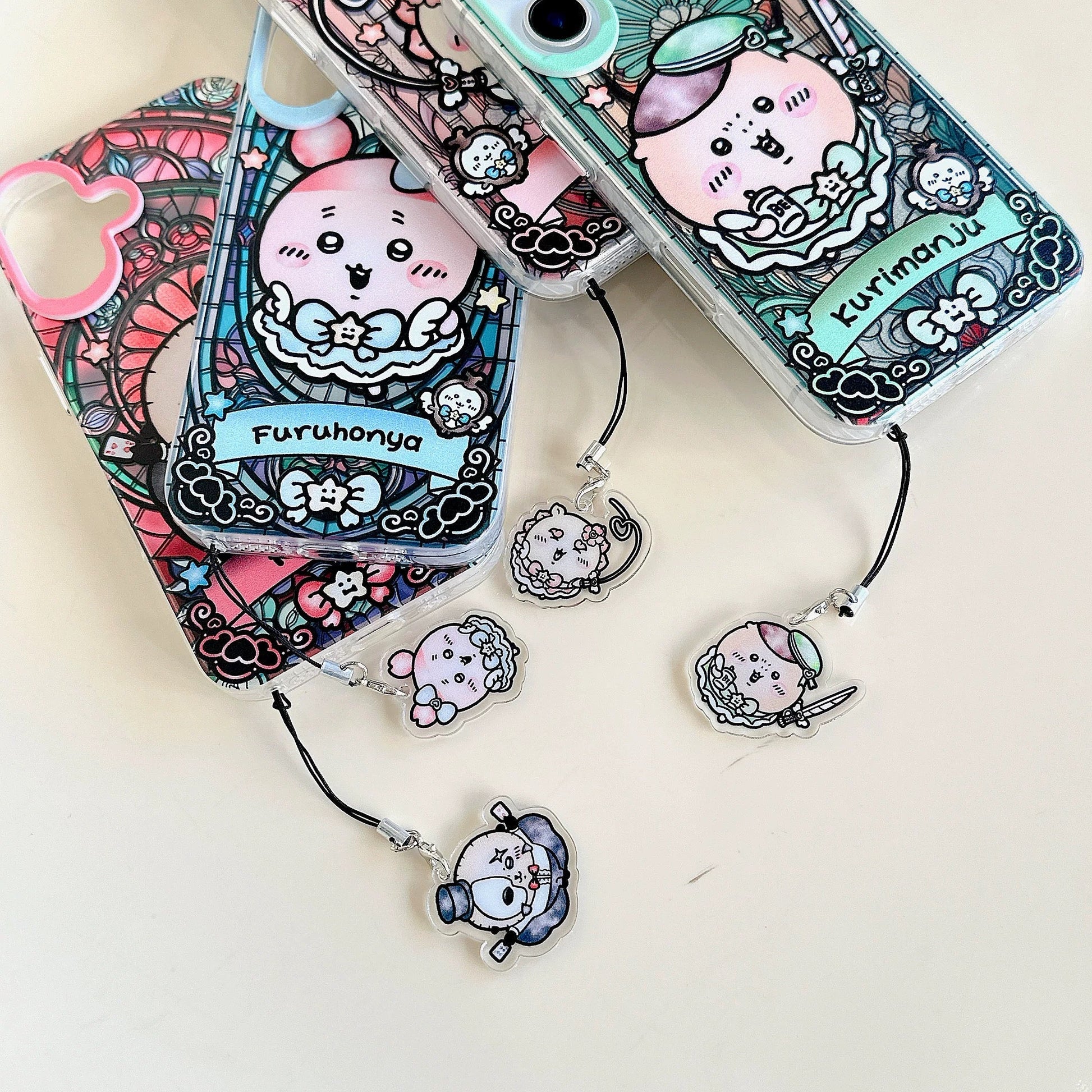 Japanese Cartoon iPhone Case with Strap | Laser Magical Girl with Glass Window Kurimanju Rakko Shisa Furuhonya Magic - iPhone Case 7 8 PLUS SE2 XS XR X 11 12 13 14 15 Pro Promax 12mini 13mini  WinnieTheBirds Toy Shop