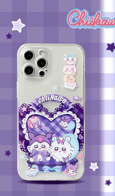 Japanese Cartoon ChiiKawa | Sweet Heart with Chiikawa My Melody Hachiware Hello Kitty Usagi Pompompurin Momonga Kuromi Clear - iPhone Case 11 12 13 14 15 16 Pro Promax WinnieTheBirds Toy Shop