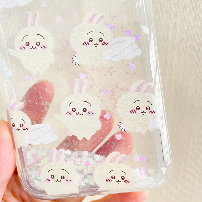 Japanese Cartoon Chiikawa Kawaii FullScreen | ChiiKawa Hachiware Usagi Glitter QuickSand iPhone Case 6 7 8 PLUS SE2 XS XR X 11 12 13 14 15 16 Pro Promax 12mini 13mini WinnieTheBirds Toy Shop