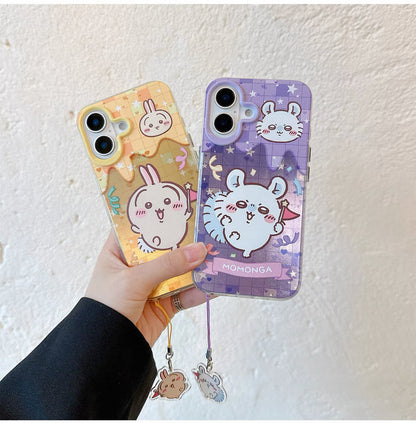 Japanese Cartoon ChiiKawa iPhone Laser Case with Strap | Happy Party Chiikawa Hachiware Usagi Momonga - iPhone Case PLUS SE2 XS XR X 11 12 13 14 15 16 16e 17 17e Pro Promax 12mini 13mini