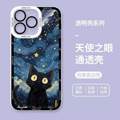Black Cat with Starry Sky Oil Drawing Style | 8 Styles - iPhone Case PLUS SE2 XS XR X 11 12 13 14 15 16 16e 17 17e Pro Promax 12mini 13mini