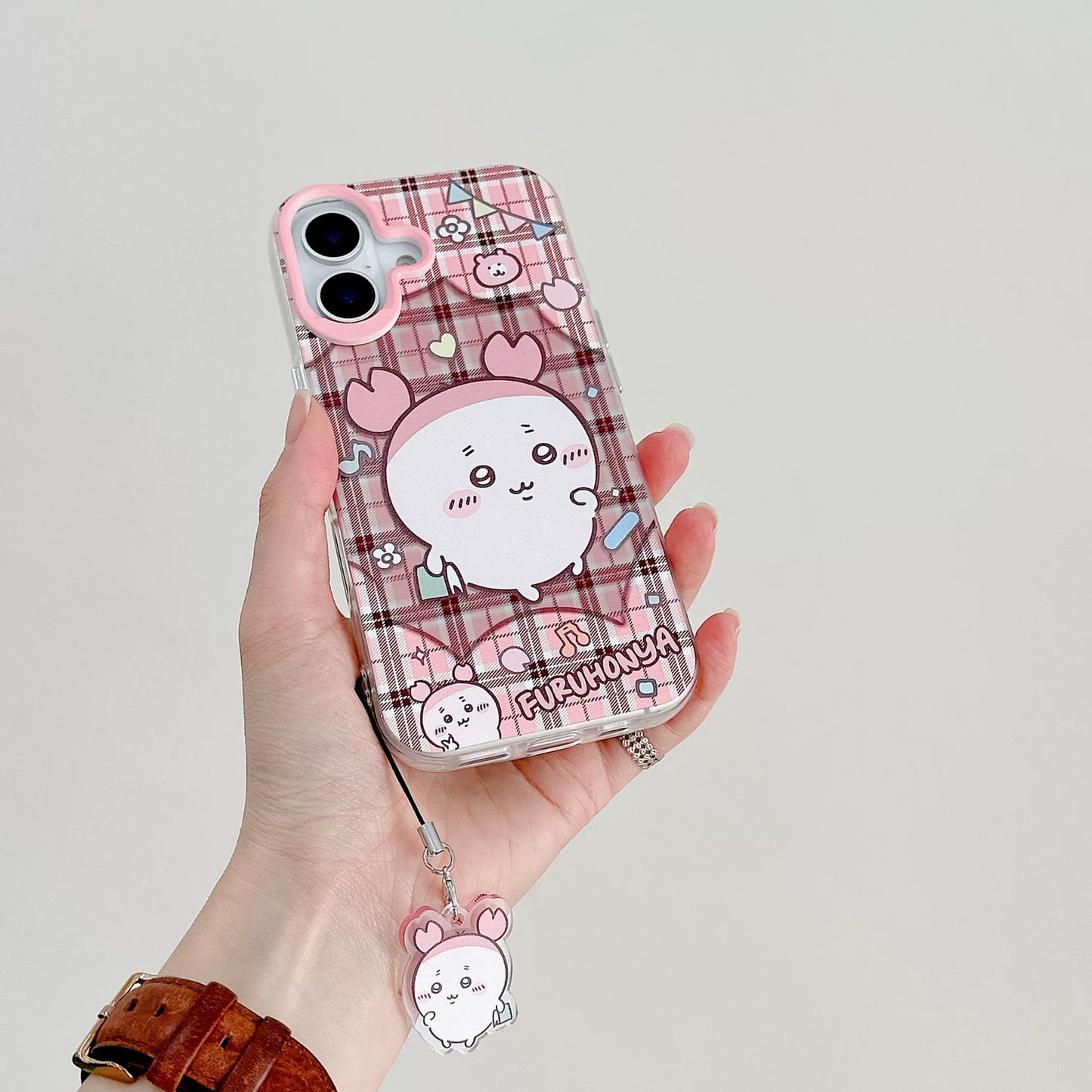 Japanese Cartoon ChiiKawa Laser Phone Case with Strap | Retro Plaid Rakko Kurimanju Shisa Furuhonya - Phone Case Samsung Galaxy S26 S25 S24 S23 S22 S21 FE Ultra Edge