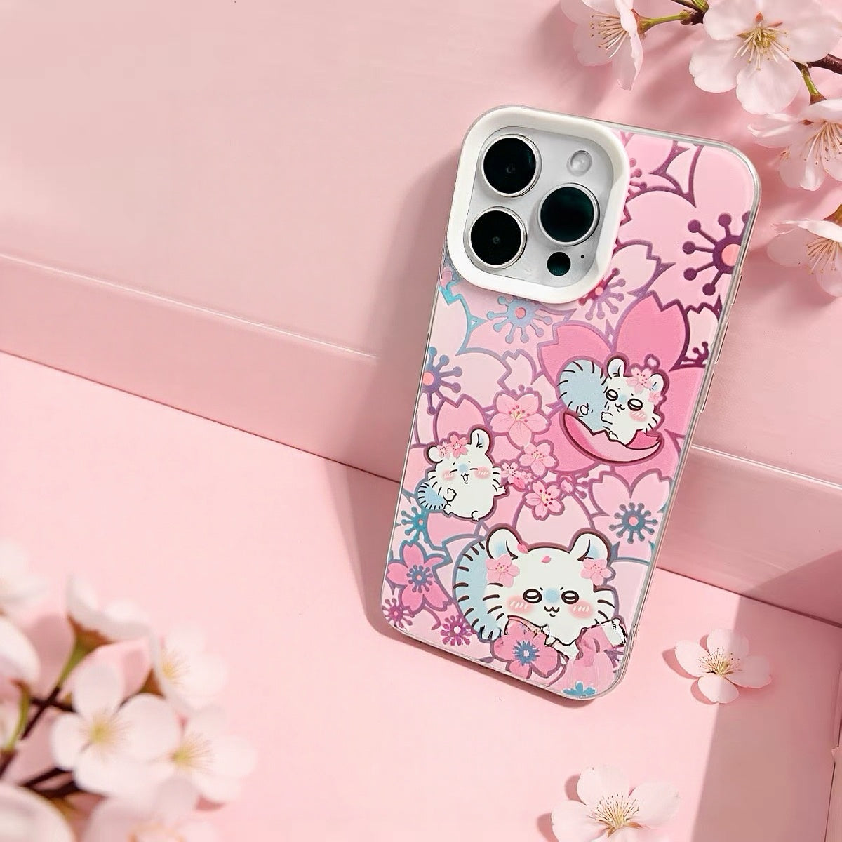 Japanese Cartoon ChiiKawa Sakura Pink Laser Case | Chiikawa Hachiware Usagi Momonga - iPhone Case 11 12 13 14 15 16 16e 17 17e Pro Promax