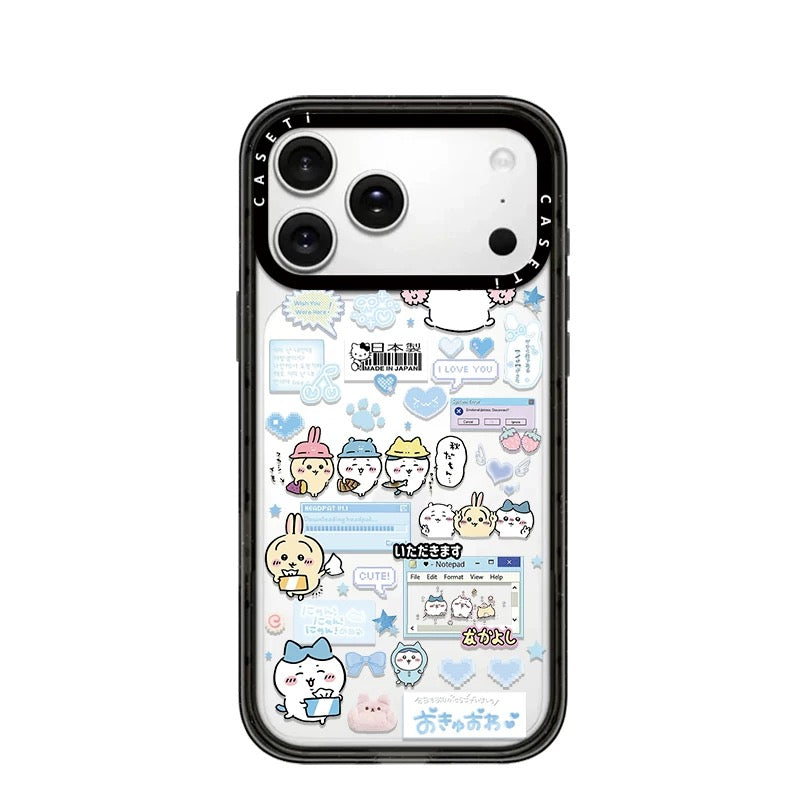 Japanese Cartoon ChiiKawa Transparent Black Frame & Mirror Phone Case | Fun Daily with Heart Version - iPhone Case 12 13 14 15 16 17 Pro Promax