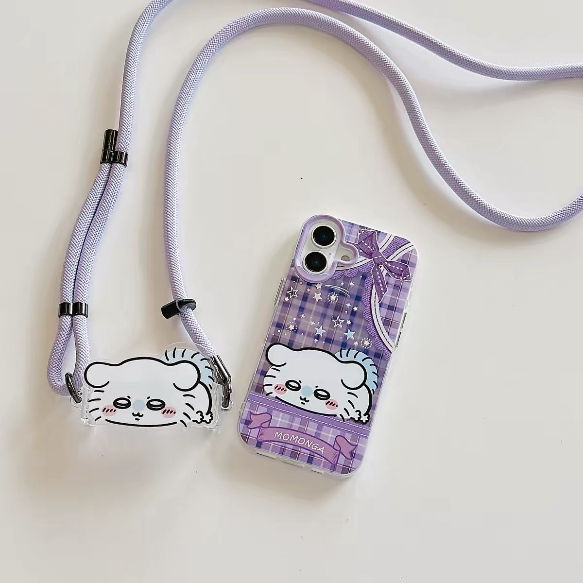 Japanese Cartoon Phone Back Clip with Phone Lanyard | Laying Chiikawa Hachiware Usagi Momonga - for All Smart Phones