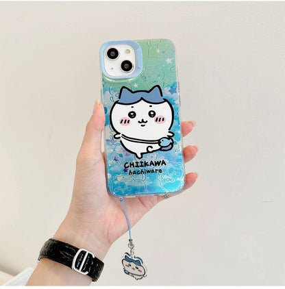 Japanese Cartoon iPhone Case with Strap | Laser Outing ChiiKawa Hachiware Usagi Momonga - iPhone CasePhone Case  7 8 PLUS SE2 XS XR X 11 12 13 14 15 16 Pro Promax 12mini 13mini WinnieTheBirds Toy Shop