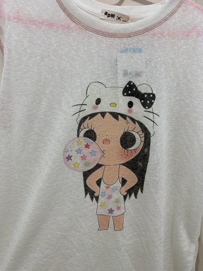 Korean Fashion Artists Style Long-sleeved Sun Protection T-Shirt Series | Little Girl Yuk with Kitty Hat and Star Bubble - Kawaii Fashion Items