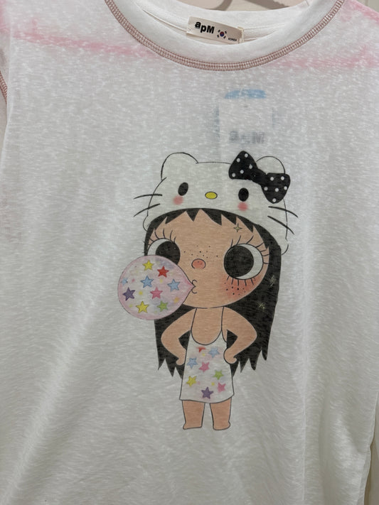 韓国ファッションアーティスト風長袖日焼け止めTシャツシリーズ | キティハットと星のシャボン玉をかぶったリトルガールユク - カワイイファッションアイテム
