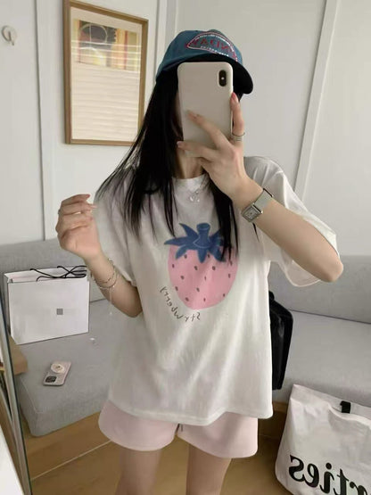 Korean Fashion Cute Fruits Style T-Shirt Series | Pink Strawberry with Gittler Bling Tee - Kawaii Fashion Items