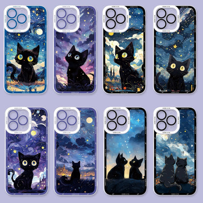 Black Cat with Starry Sky Oil Drawing Style | 8 Styles - iPhone Case PLUS SE2 XS XR X 11 12 13 14 15 16 16e 17 17e Pro Promax 12mini 13mini