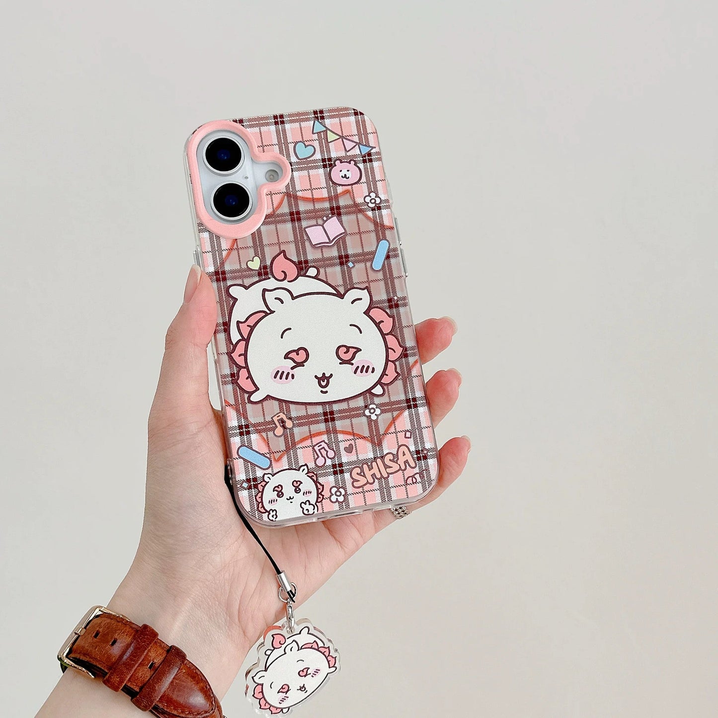 Japanese Cartoon ChiiKawa Laser Phone Case with Strap | Retro Plaid Rakko Kurimanju Shisa Furuhonya - Phone Case Samsung Galaxy S26 S25 S24 S23 S22 S21 FE Ultra Edge