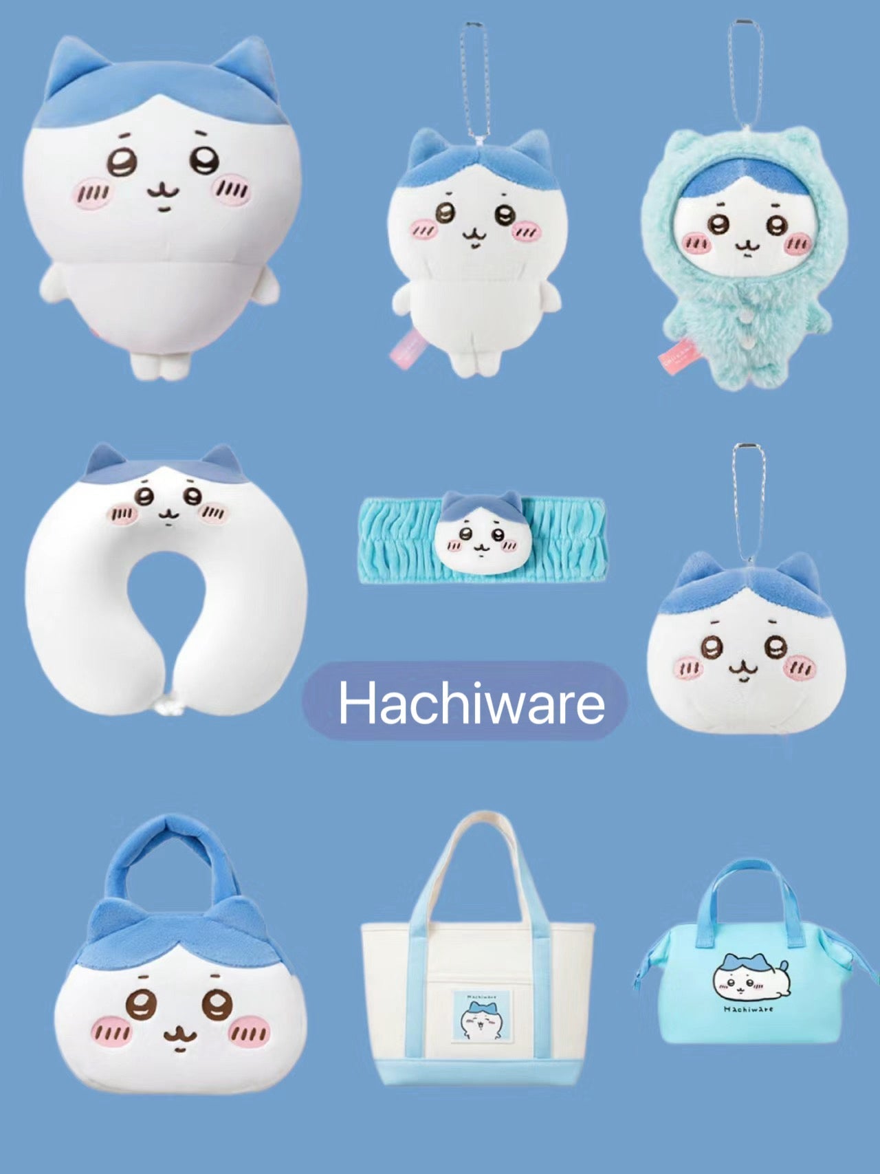 ChiiKawa X Miniso | Hachiware Full Set 9pcs items Mini Plush Doll Keychain Headband Neck Pillow Bag - Kawaii items Room Decoration doll  WinnieTheBirds Toy Shop
