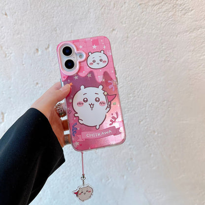 Japanese Cartoon ChiiKawa iPhone Laser Case with Strap | Happy Party Chiikawa Hachiware Usagi Momonga - iPhone Case PLUS SE2 XS XR X 11 12 13 14 15 16 16e 17 17e Pro Promax 12mini 13mini