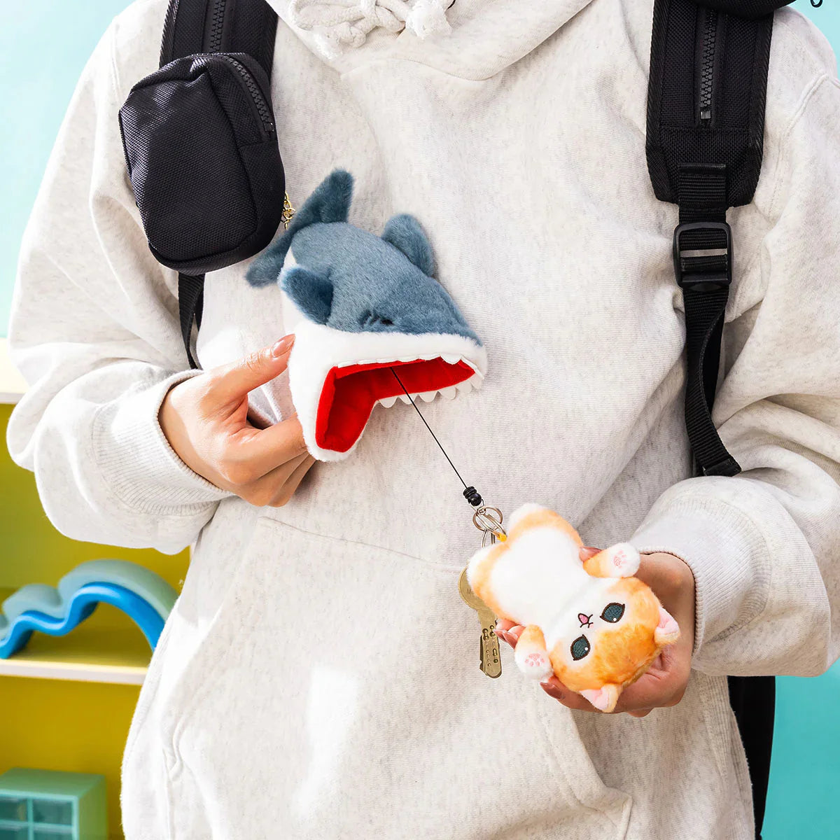 Japan Mofusand | Mofusand Cat in Shark and Shrimp Fly Cute Plush Doll Retractable Keyring - Kawaii items Room Decoration Doll
