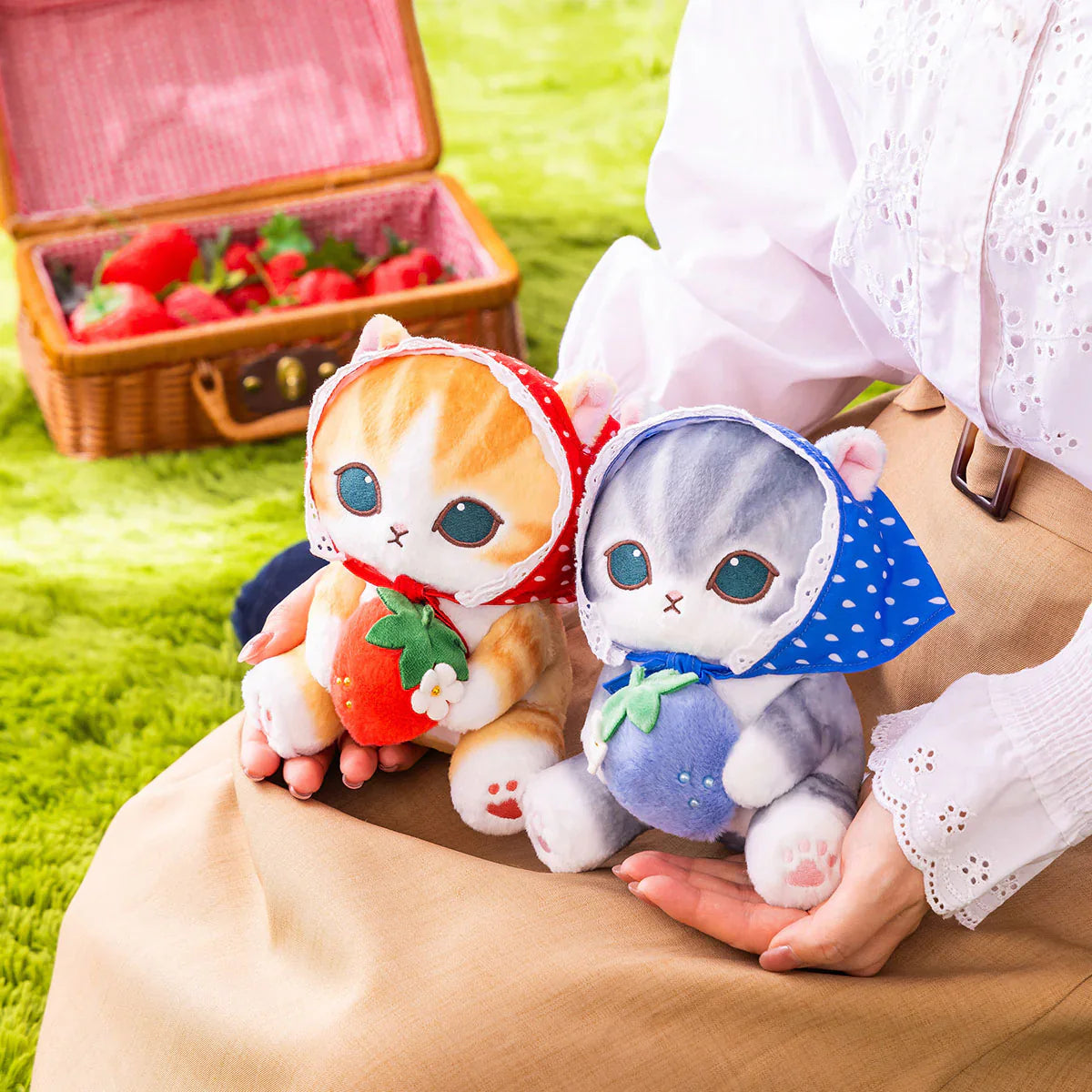 Japan Mofusand Merci Strawberry Series | Mofusand Cat Wearing Babushka Scarf Holding Strawberry Cute Plush Doll - Kawaii items Room Decoration Doll
