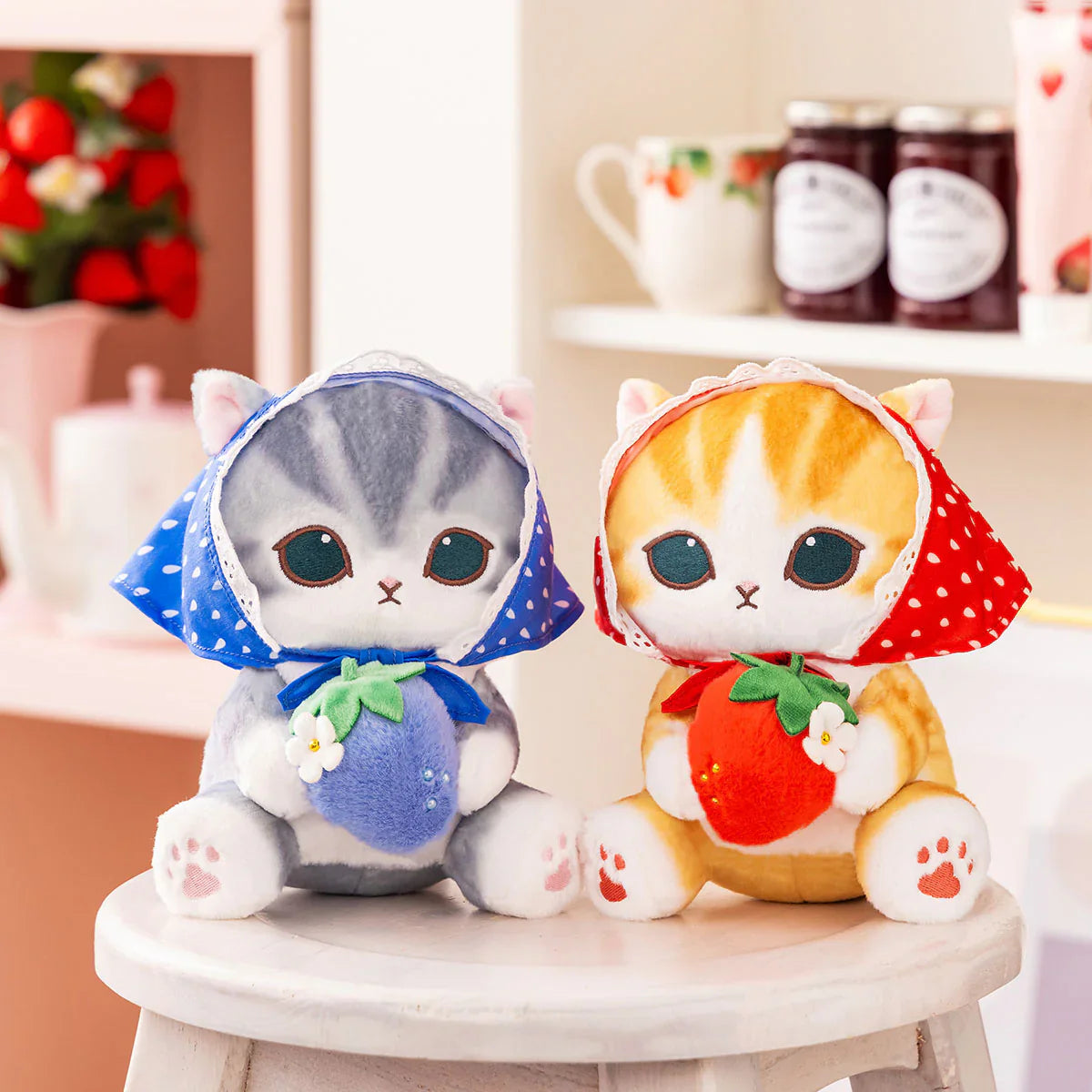 Japan Mofusand Merci Strawberry Series | Mofusand Cat Wearing Babushka Scarf Holding Strawberry Cute Plush Doll - Kawaii items Room Decoration Doll