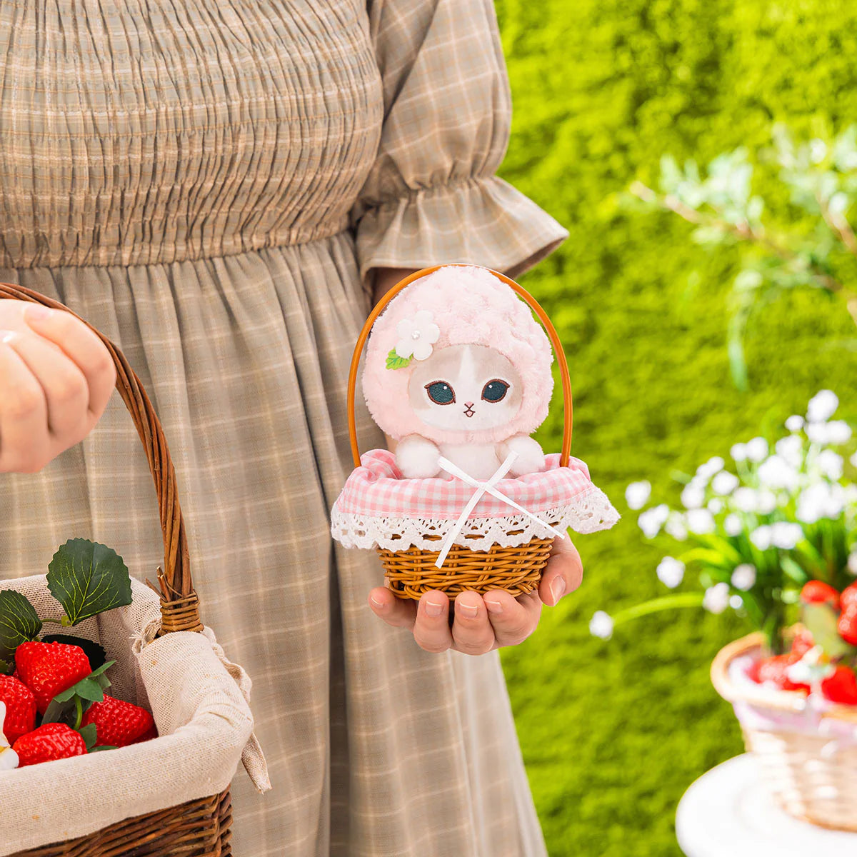 Japan Mofusand Strawberry Series | Mofusand Cat with Strawberry Hat Cute Plush Doll in Basket and Keychain - Kawaii items Room Decoration Doll