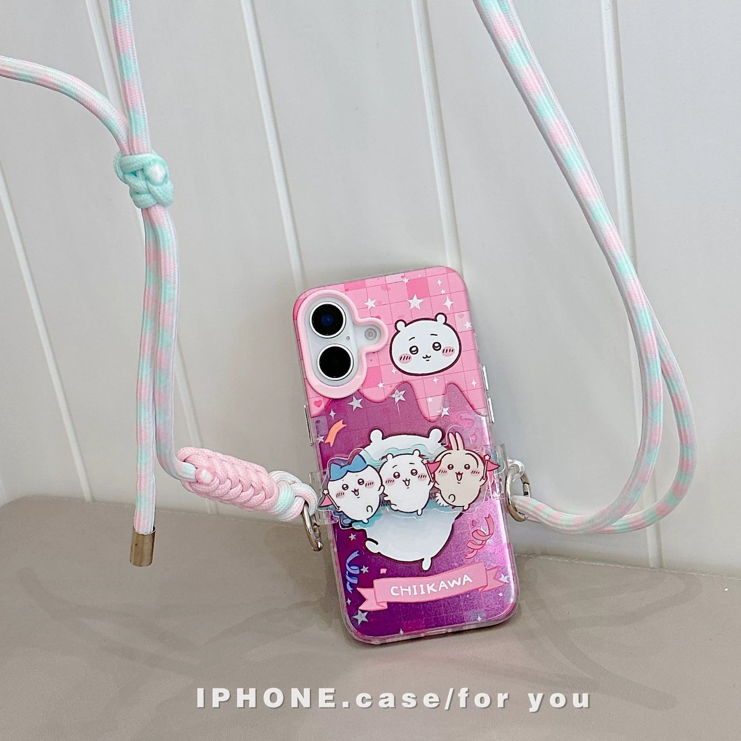 Japanese Cartoon Phone Back Clip with Phone Lanyard | Chiikawa Pink & Mint Green - for All Smart Phones