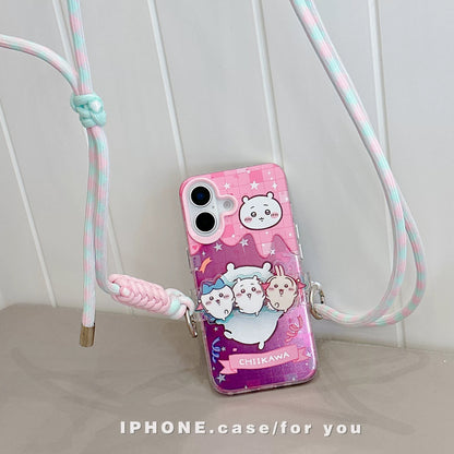 Japanese Cartoon Phone Back Clip with Phone Lanyard | Chiikawa Pink & Mint Green - for All Smart Phones