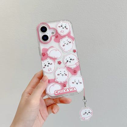 Japanese Cartoon ChiiKawa Gittler Colour Clear Case with Phone Strap | Full Emo Chiikawa Hachiware Usagi Momonga - Phone Case Samsung Galaxy S26 S25 S24 S23 S22 S21 FE Ultra Edge