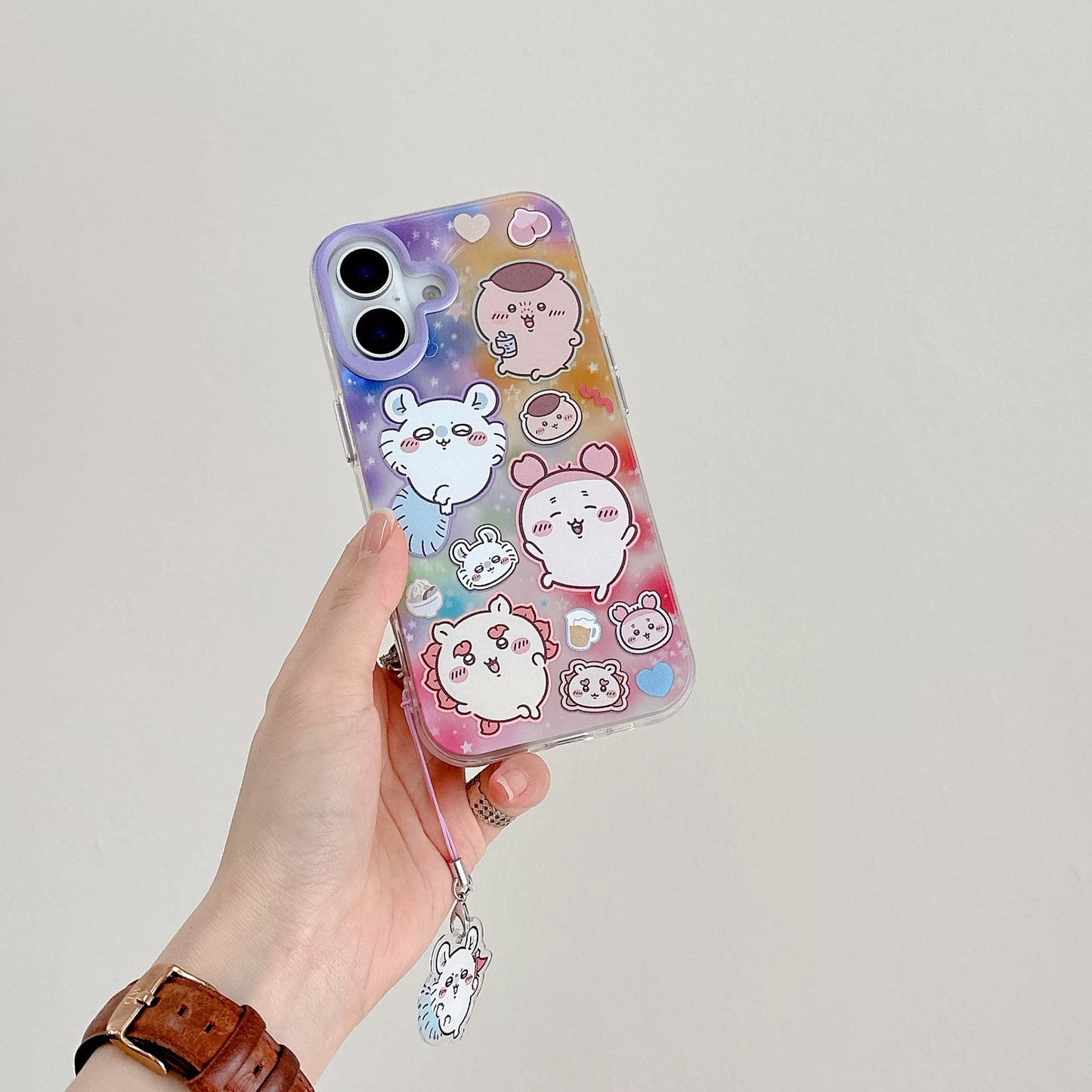 Japanese Cartoon ChiiKawa Laser Phone Case with Strap | Rainbow Galaxy with ChiiKawa Hachiware Usagi Momonga Rakko Kurimanju Shisa Furuhonya - Phone Case Samsung Galaxy S26 S25 S24 S23 S22 S21 FE Ultra Edge