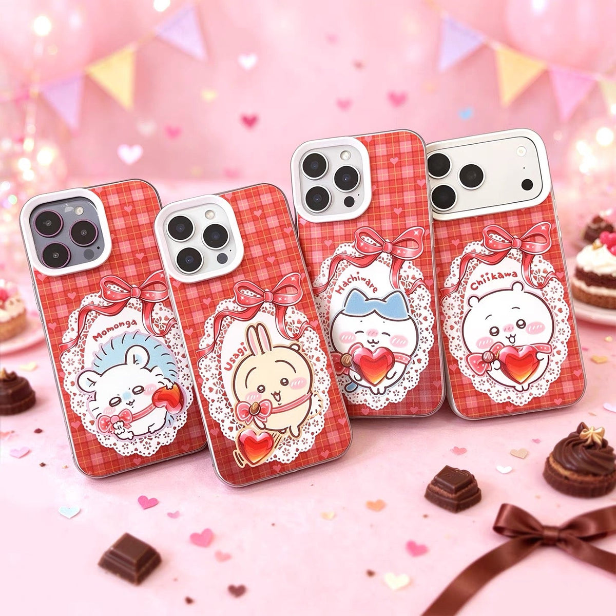 Japanese Cartoon ChiiKawa with Heart Chocolate Laser Case | Chiikawa Hachiware Usagi Momonga 4 Styles - iPhone Case 11 12 13 14 15 16 16e 17 17e 18 Pro Promax