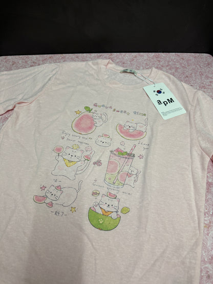 Korean Fashion Cute Animals Style T-Shirt Series | Happy White Cat Guava Sweet Time - Kawaii Fashion Items
