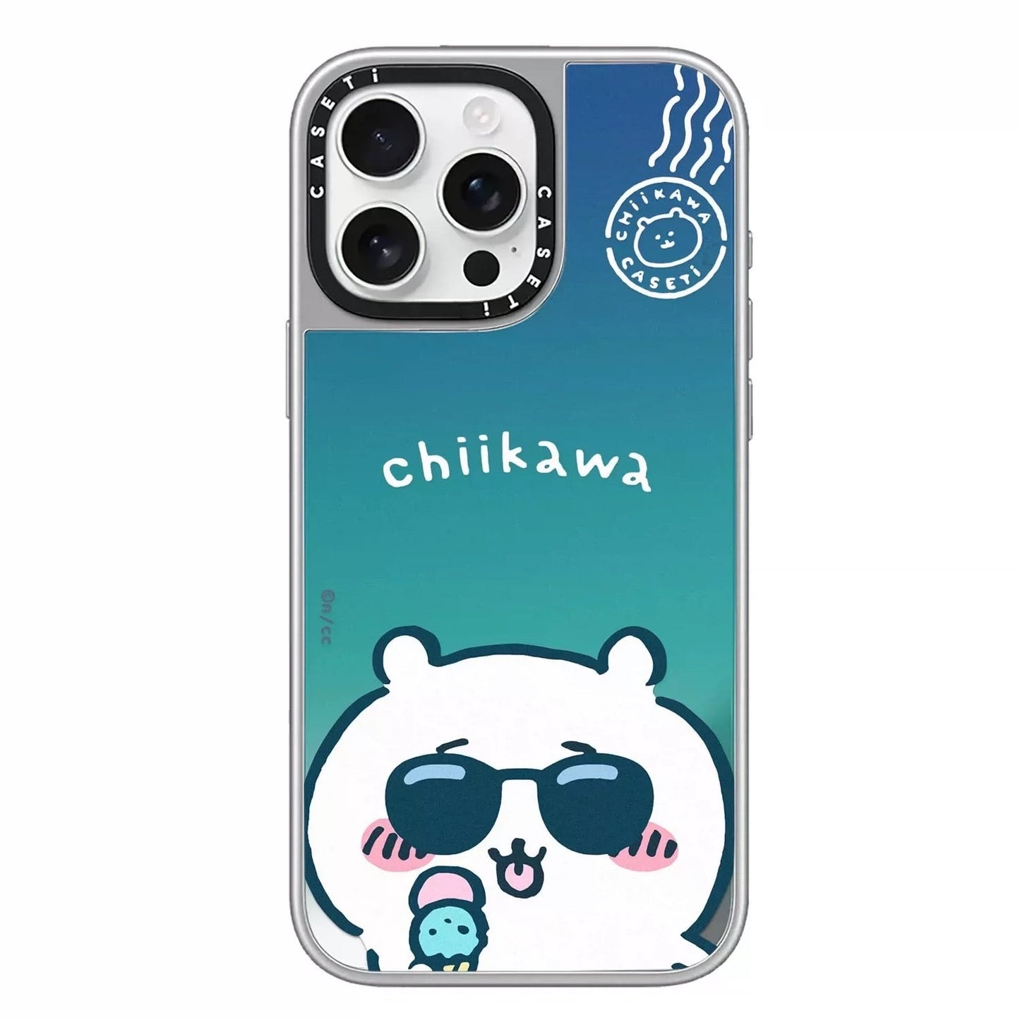 Japanese Cartoon ChiiKawa Clear with Mirror Silver Frame Phone Case | ChiiKawa Hachiware Usagi Aeroplane Window Wear Sunglass and Eating Ice Cream Blue - iPhone Case 12 13 14 15 16 17 Pro Promax