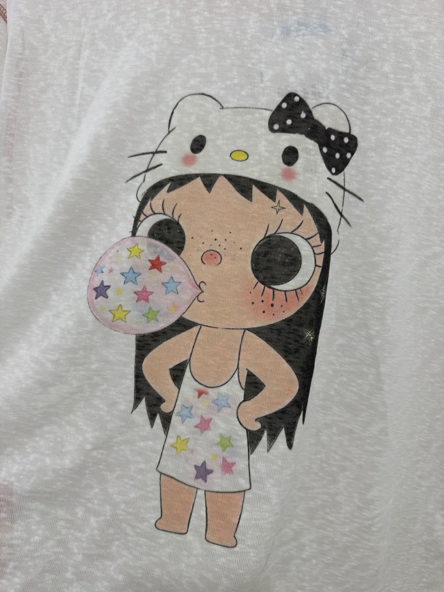 Korean Fashion Artists Style Long-sleeved Sun Protection T-Shirt Series | Little Girl Yuk with Kitty Hat and Star Bubble - Kawaii Fashion Items