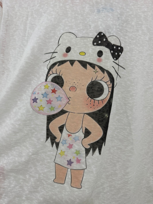 Korean Fashion Artists Style Long-sleeved Sun Protection T-Shirt Series | Little Girl Yuk with Kitty Hat and Star Bubble - Kawaii Fashion Items