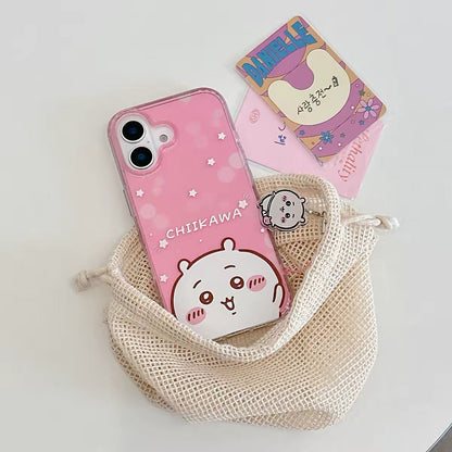 Japanese Cartoon ChiiKawa Gittler Colour Clear Case with Phone Strape | Say Hi Chiikawa Hachiware Usagi Momonga - iPhone Case Plus SE2 11 12 13 14 15 16 16e 17 17e Pro Promax 12mini 13mini