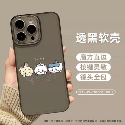 Japanese Cartoon ChiiKawa Black Clear Case | Chiikawa Hachiware Usagi Drawing on Floor - iPhone Case PLUS SE2 XS XR X 11 12 13 14 15 16 16e 17 17e Pro Promax 12mini 13mini