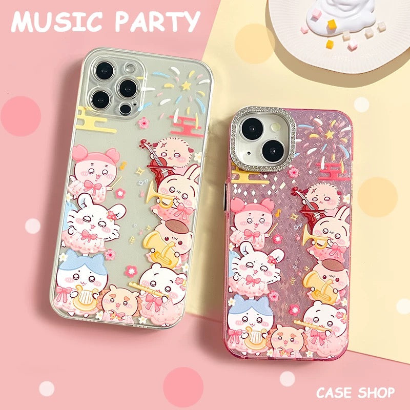 Japanese Cartoon ChiiKawa Laser & Clean Case | Music Party with Firework Chiikawa Hachiware Usagi Momonga Kurimanju Rakko Shisa Crab - Phone Case Samsung Galaxy S26 S25 S24 S23 S22 S21 FE Ultra Edge