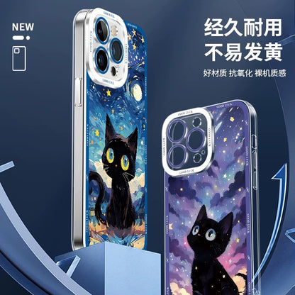 Black Cat with Starry Sky Oil Drawing Style | 8 Styles - iPhone Case PLUS SE2 XS XR X 11 12 13 14 15 16 16e 17 17e Pro Promax 12mini 13mini