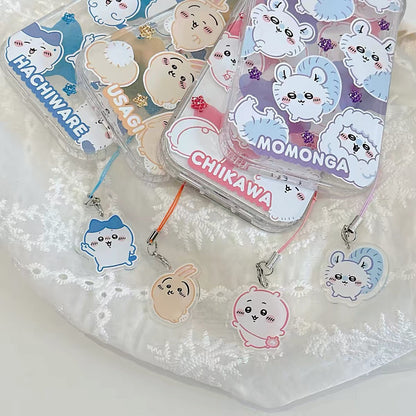 일본 만화 치이카와 글리터 컬러 투명 케이스 폰 스트랩 포함 | 이모지 치이카와 하치와레 우사기 모몽가 - 아이폰 케이스 플러스 SE2 11 12 13 14 15 16 16e 17 17e 프로 프로맥스 12미니 13미니