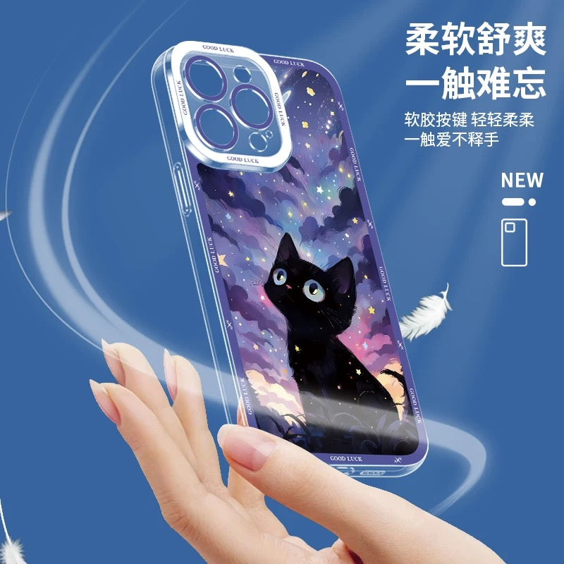 Black Cat with Starry Sky Oil Drawing Style | 8 Styles - iPhone Case PLUS SE2 XS XR X 11 12 13 14 15 16 16e 17 17e Pro Promax 12mini 13mini
